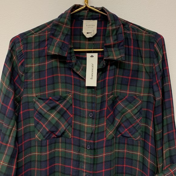 Harper Heritage Francesca's Plaid Button Down Shirt Size Small Green‎ Navy NWT - Picture 3 of 8